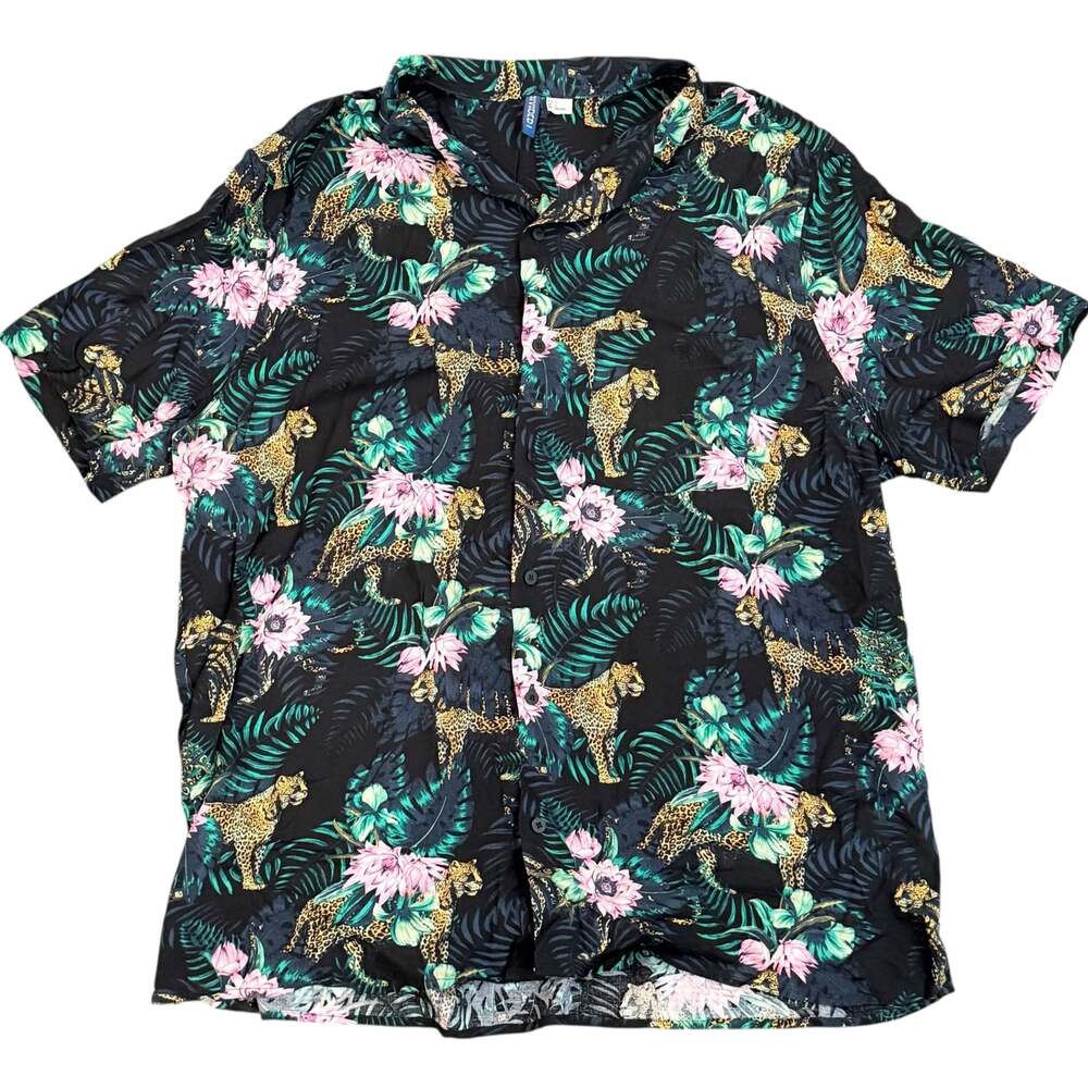 H&M Divided Men's XL Black Resort Shirt Leopard Cheetah Tropical Floral Print